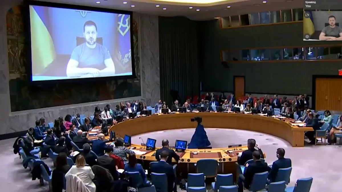 Zelensky during his message via video transmission at an emergency meeting of the UN Security Council. Screenshot: Zelensky’s Telegram channel