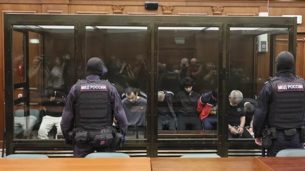 Обвиняемые по делу о теракте в «Крокусе», фото: Юрий Кочетков / EPA