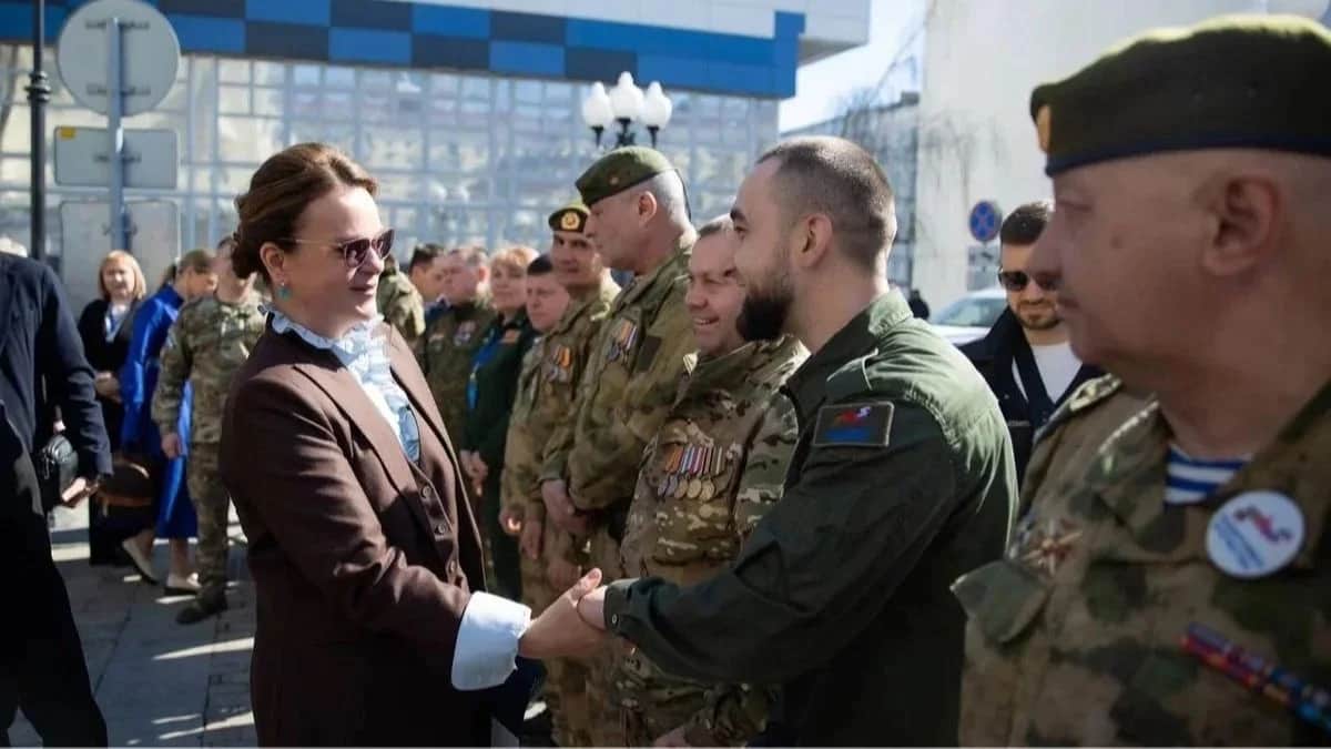 Defenders of the Fatherland Foundation Chairwoman Anna Tsivileva at a meeting with veterans in Russia’s Republic of Bashkortostan, 25 March 2026. Photo: Defenders of the Fatherland