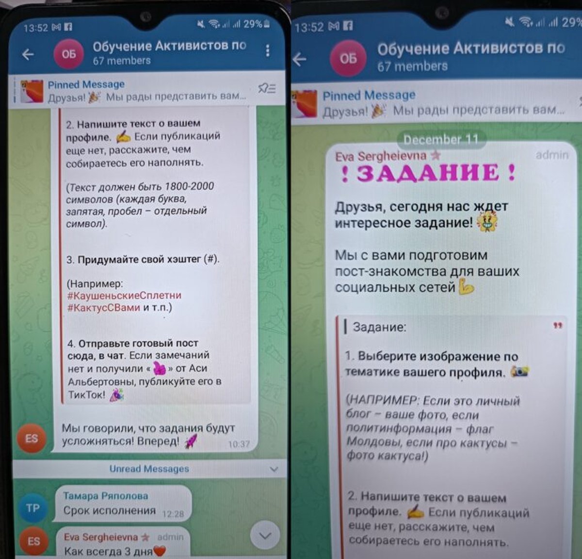 Активистам давали пробные задания, в том числе — составить тексты для постов, в которых они представляют себя и свои увлечения. Они должны были выполнять эти задания в течение трех дней. Скриншот: Ziarul de Gardă